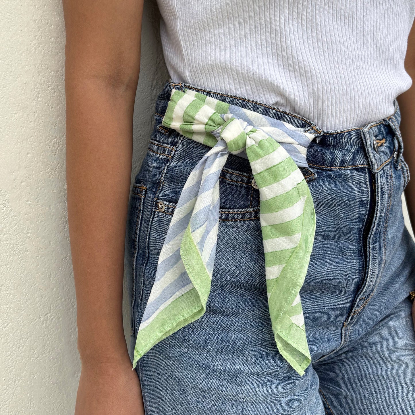 Handcrafted Cotton Square scarf | Bandana | Blue and Green Stripes