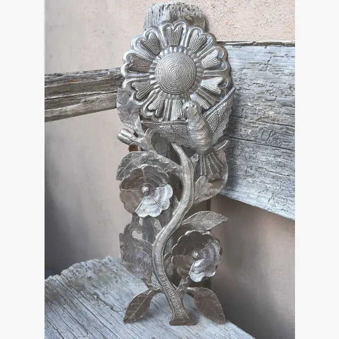 Metal Garden Art Sunflowers, Recycled Haitian Decor 5"x14.5"