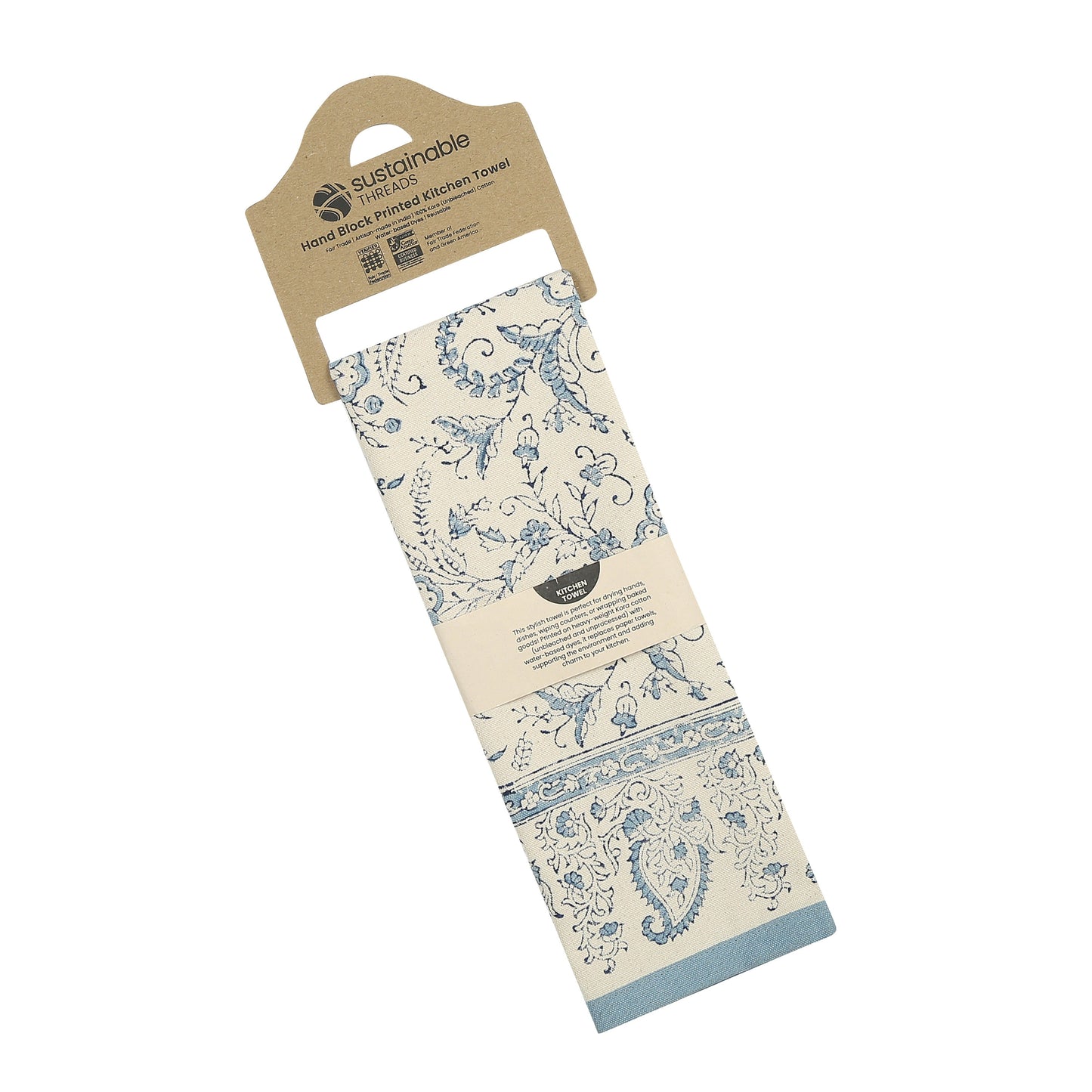 Hand Block Printed Cotton Kitchen Towels | 27″ × 19″ | Set of 2 | Fair Trade | STREAMLINE