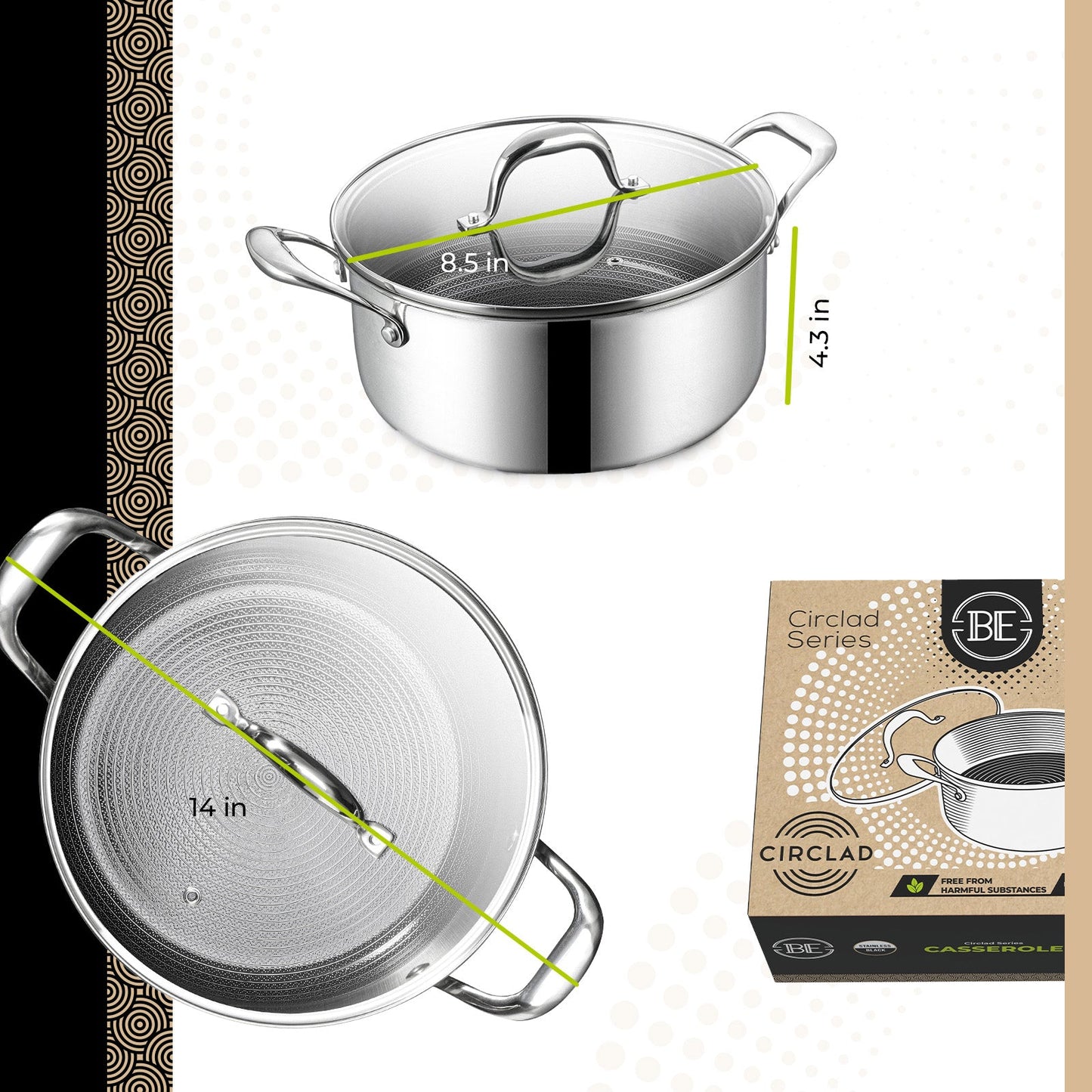 BE | LIVING - Circlad Series - 5 qt / 8.5"/ 24 cm Casserole with lid - Triply Stainless Steel Circlad