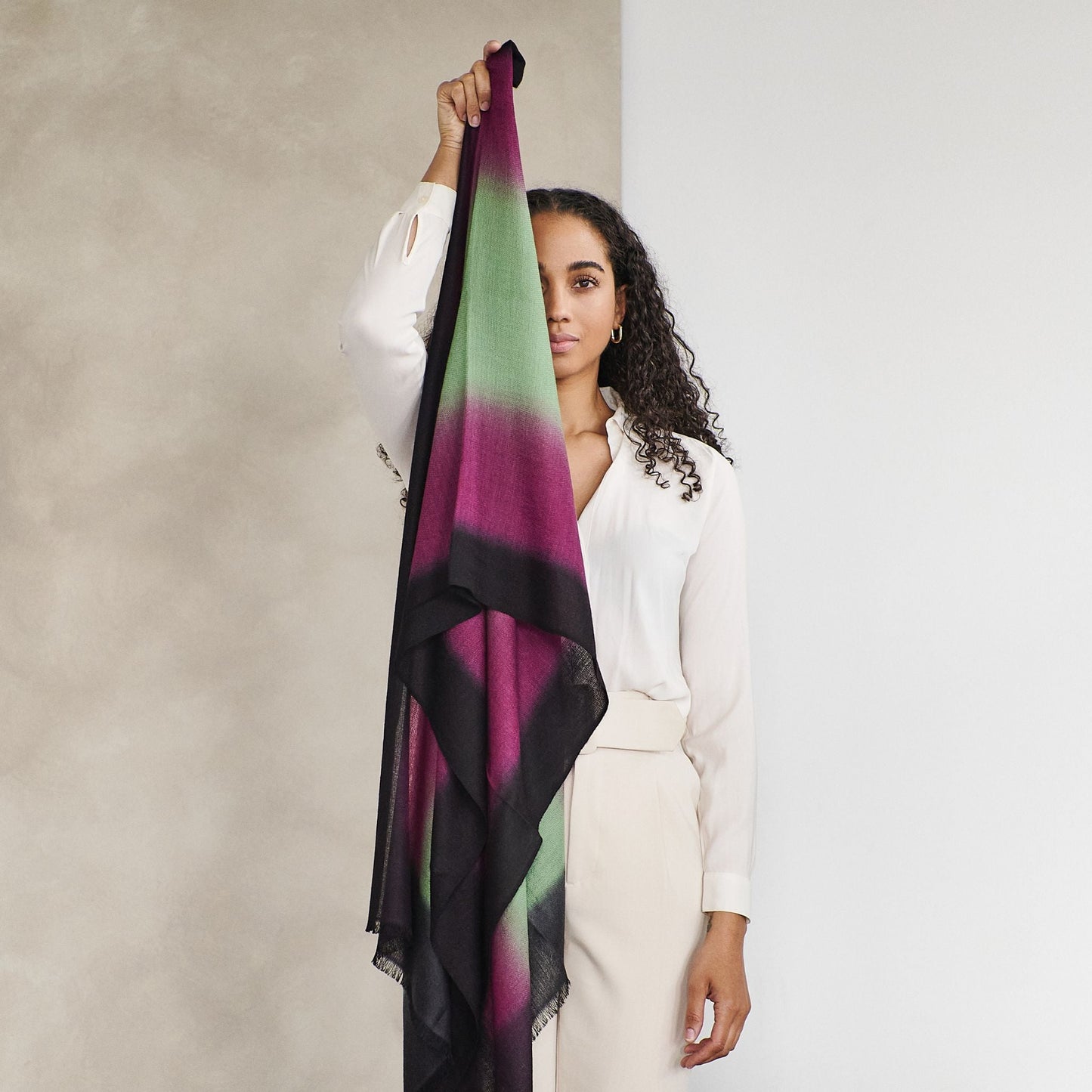 Iris Courtyard Green Purple Hand Woven Cashmere Merino Scarf