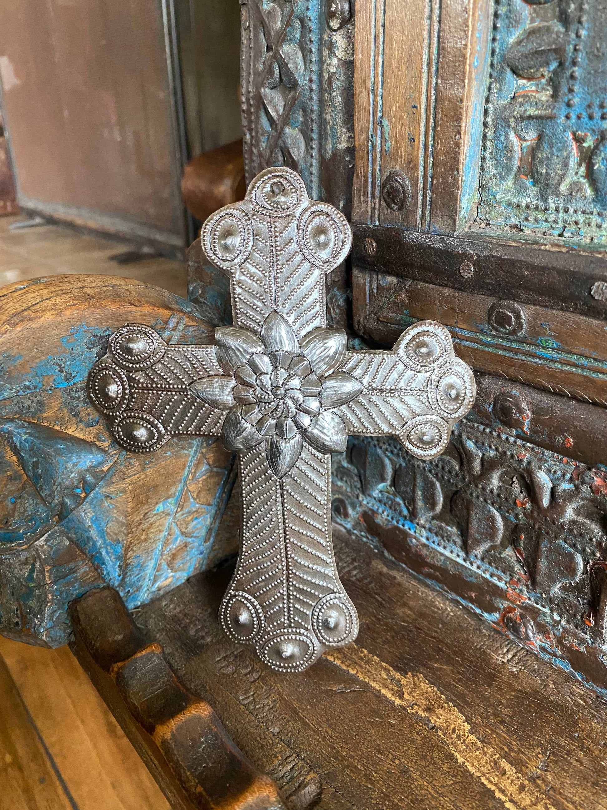 Recycled Metal Cross, Milagro, Upcycled Art  5" x 7"