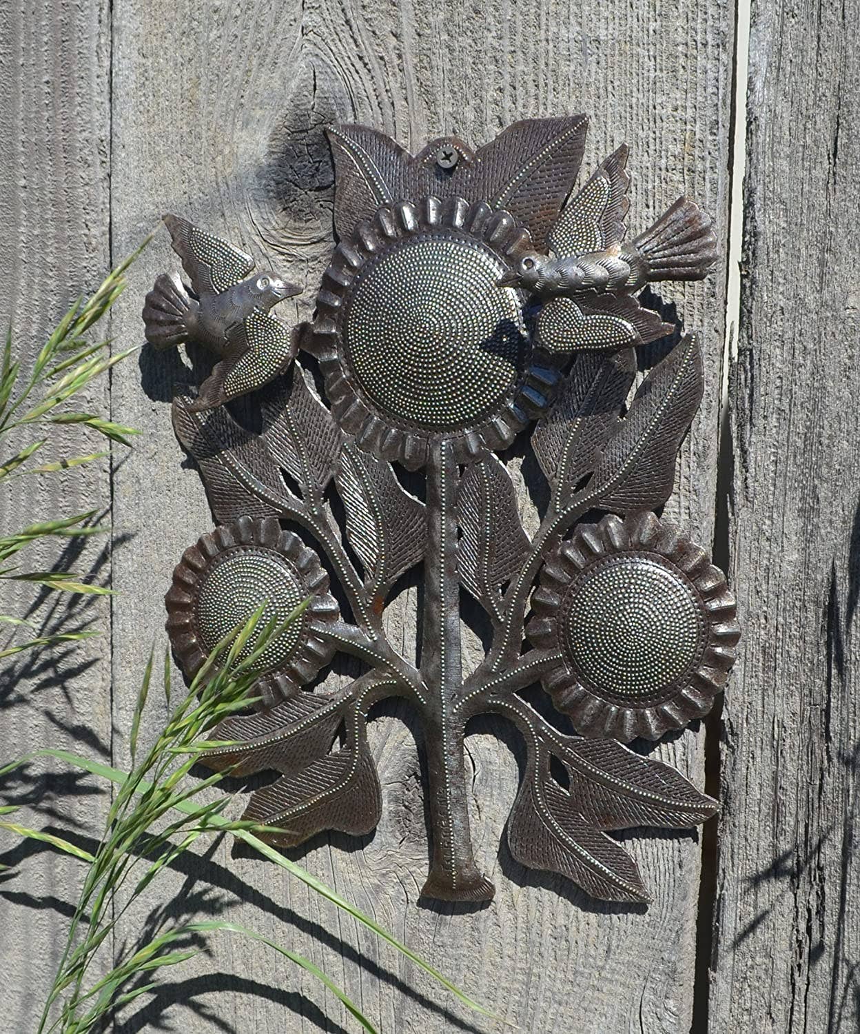 Birds Hanging, Metal Garden Sunflower Wall Decor 8.5" x 11"