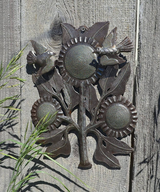 Birds Hanging, Metal Garden Sunflower Wall Decor 8.5" x 11"