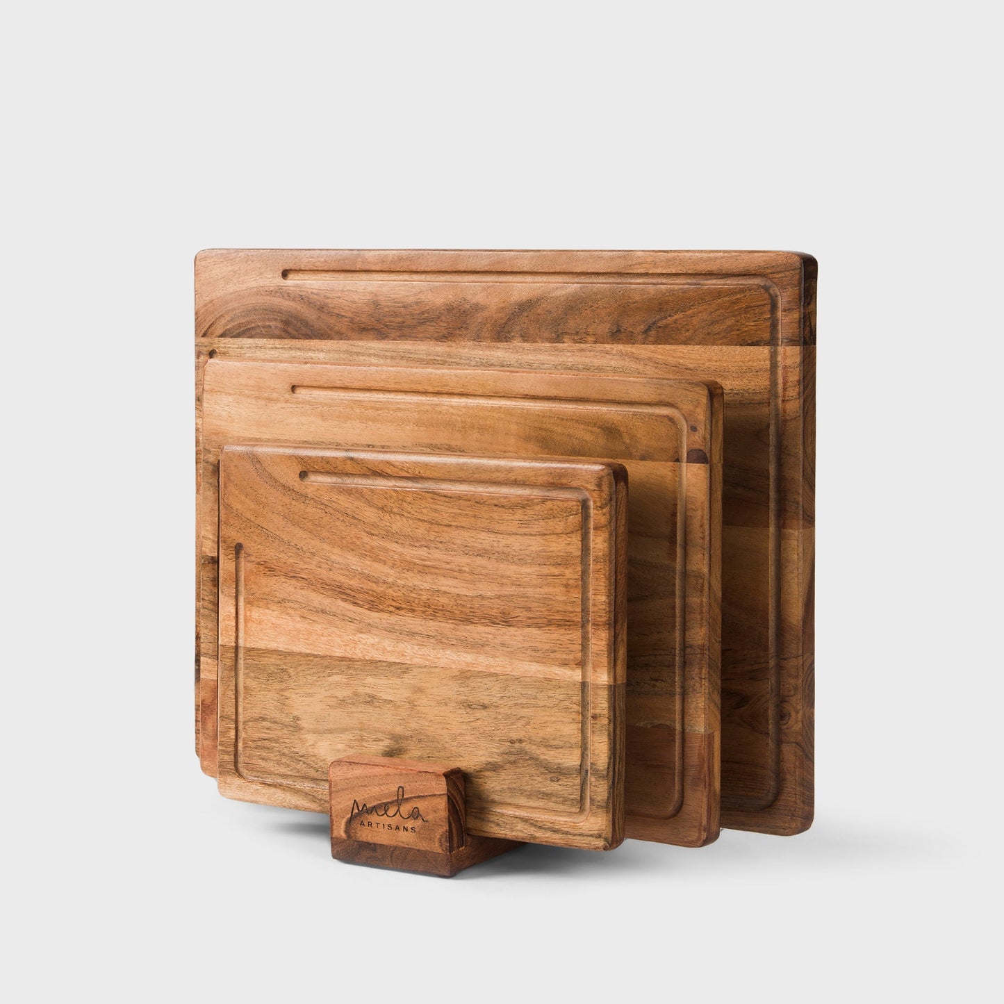 Acacia Wood Cutting Board Set with Stand – 3 Piece