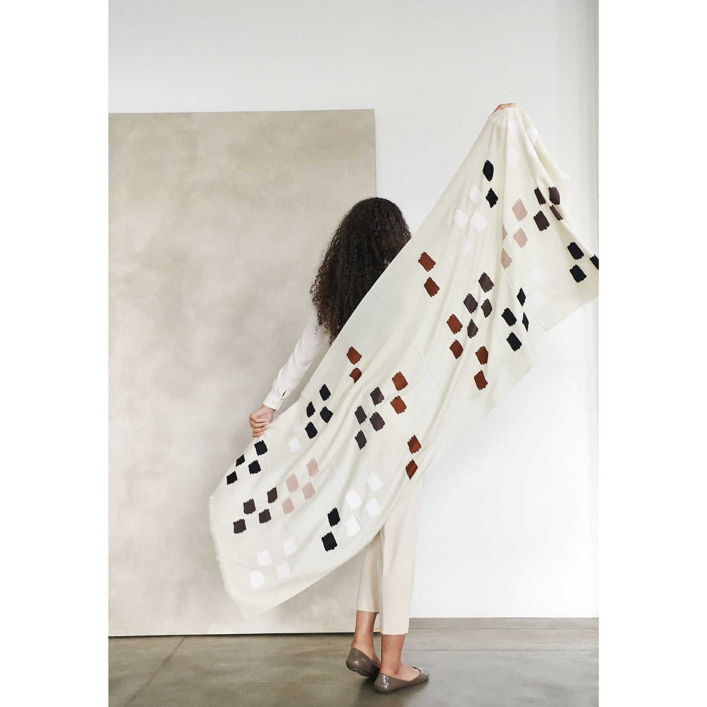 Off White Dahlia Hand Embroidered Hand Woven Modern Artisanal Scarf