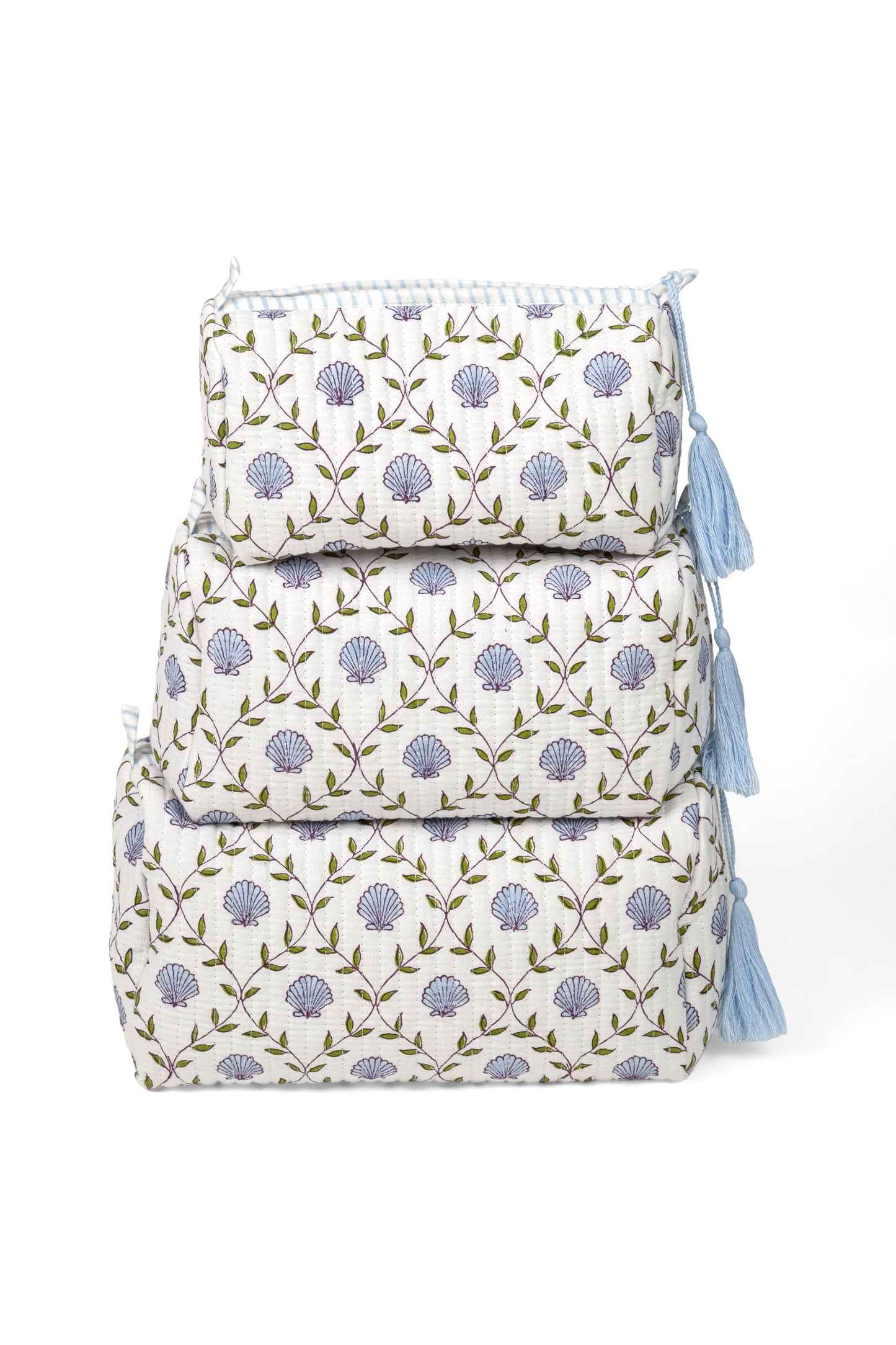 Seashell Blockprint Makeup Bag, Set of 3