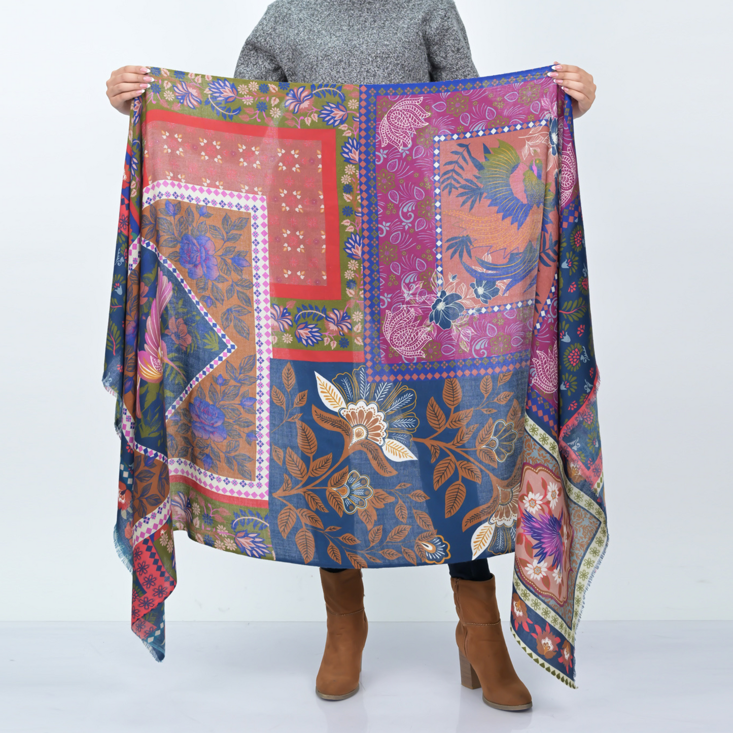 Songbird Rectangle Wool Scarf - Blue Red