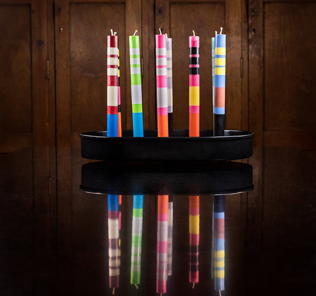 S/4 Striped Striped Neyron, Sulphur, Jet & Orange Flame Dinner Candles
