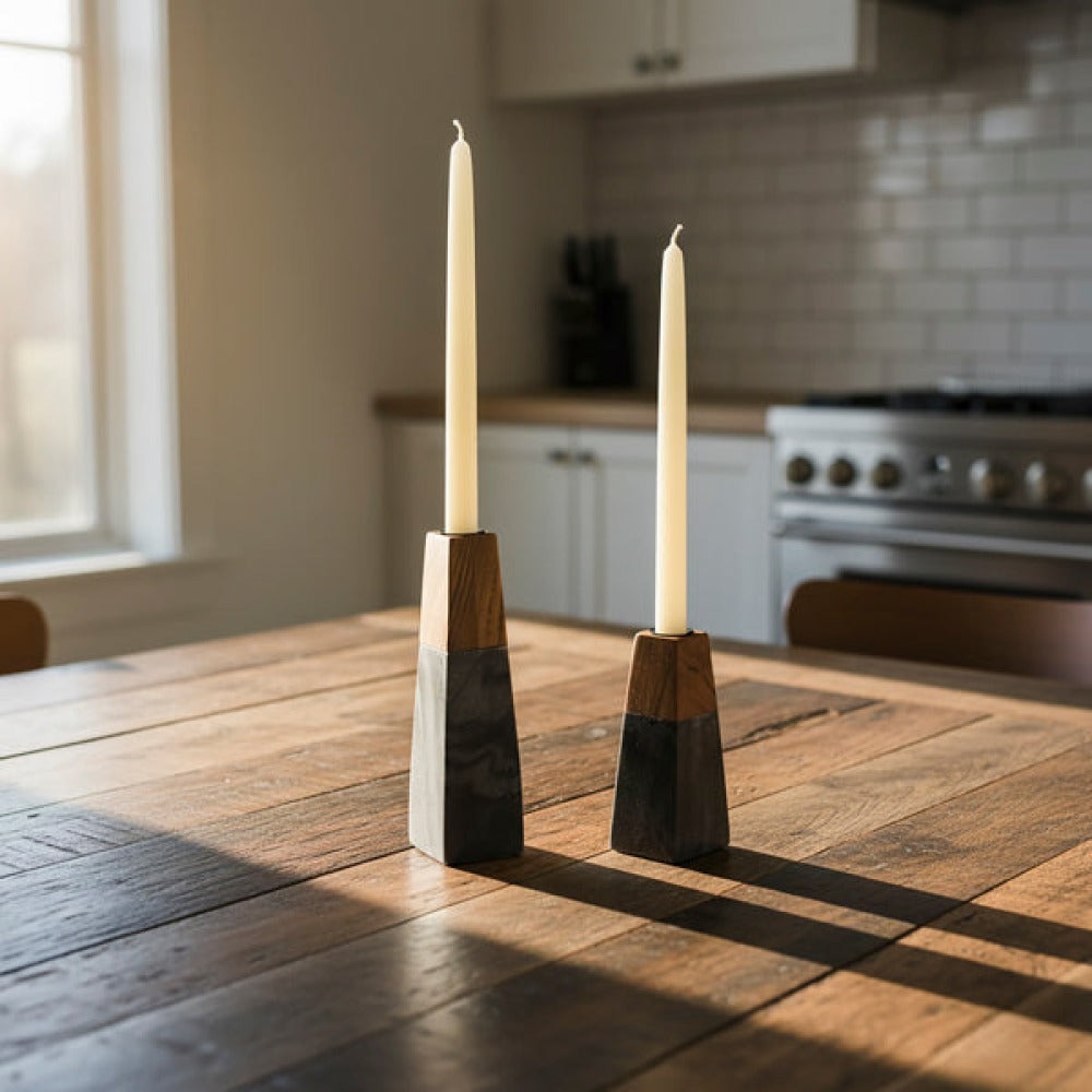 Tapered Marble & Acacia Candleholder