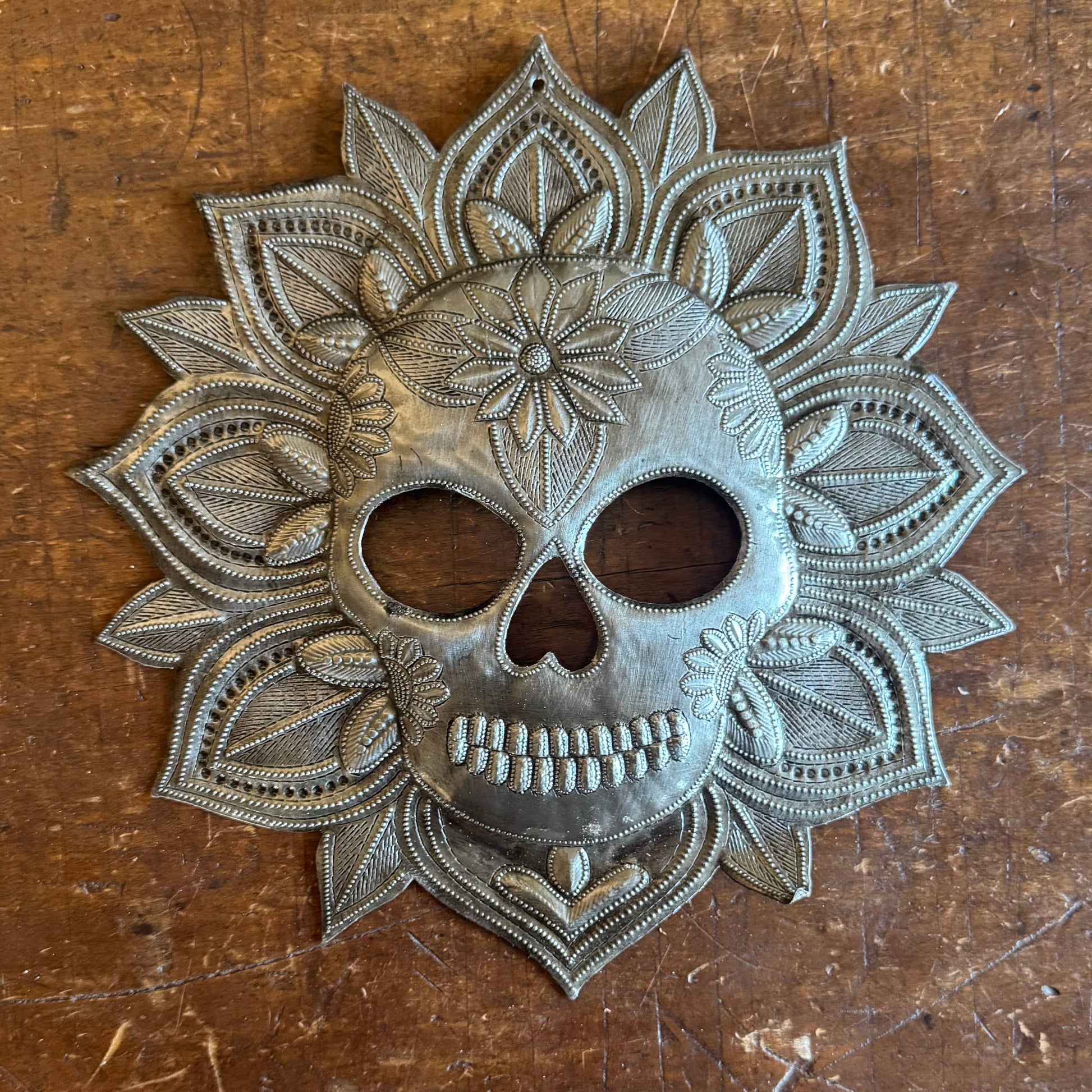 Haitian Metal Skull Wall Art w/ Petals – Recycled Steel