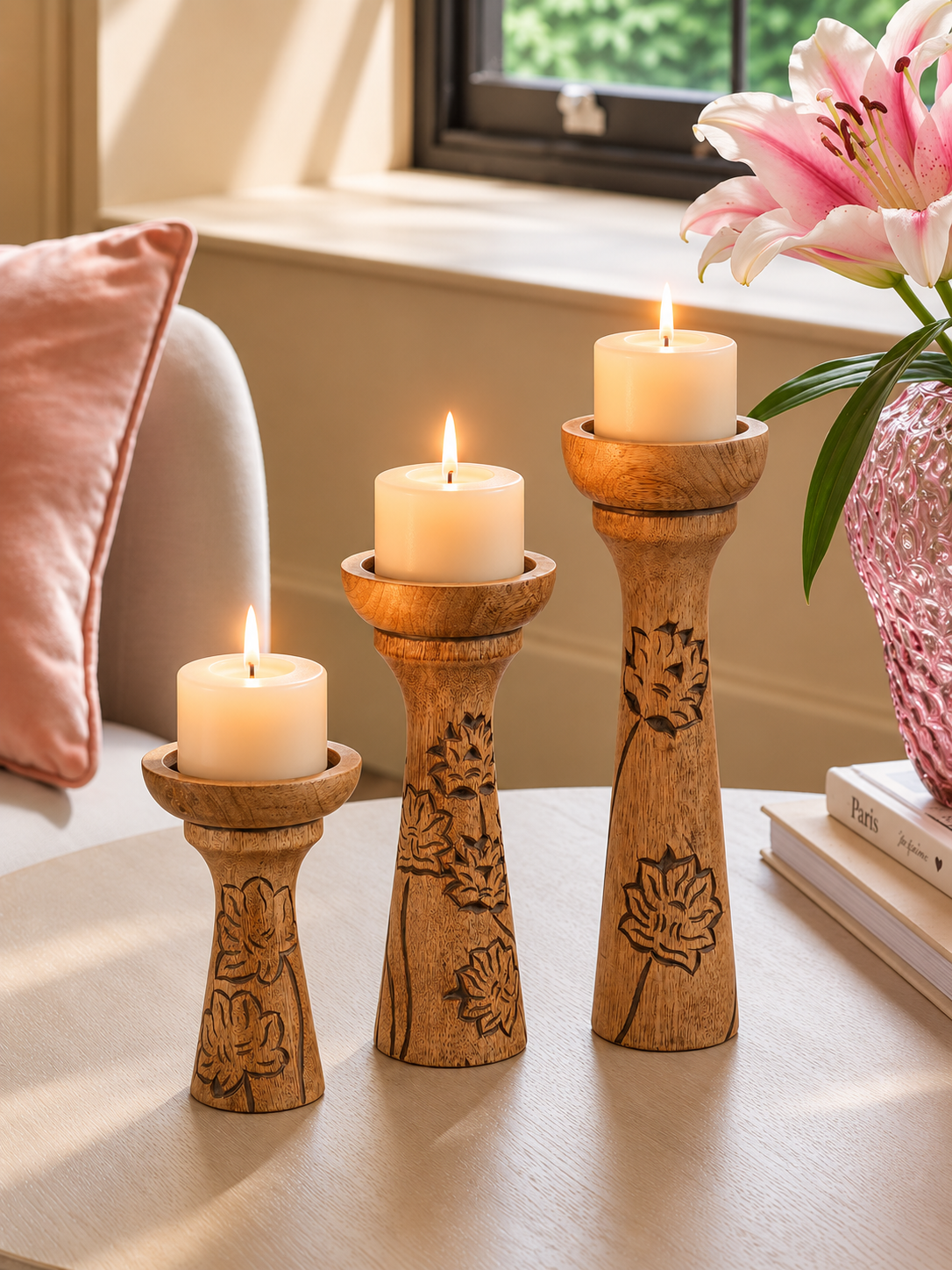 Lotus Vine Natural Pillar Candleholder Set