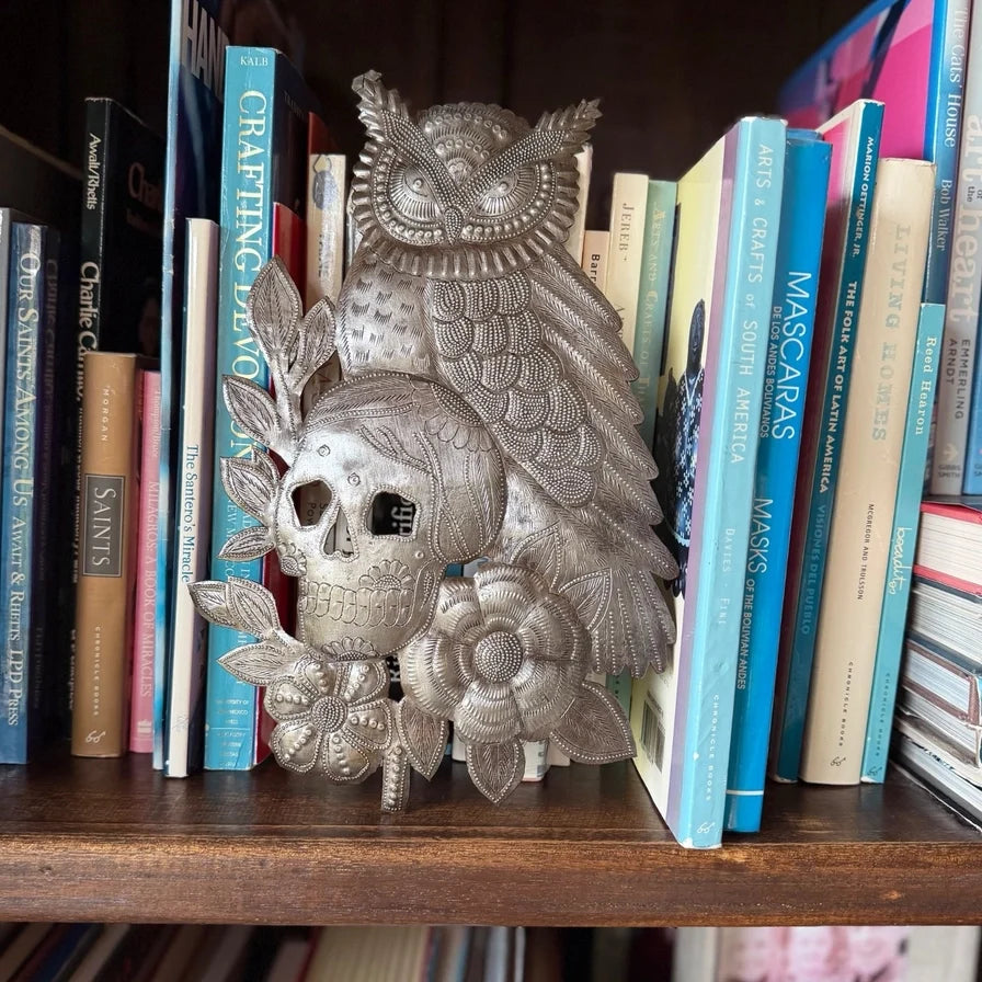 Haitian Metal Art Owl Skull Flowers Day of the Dead. 11.5"