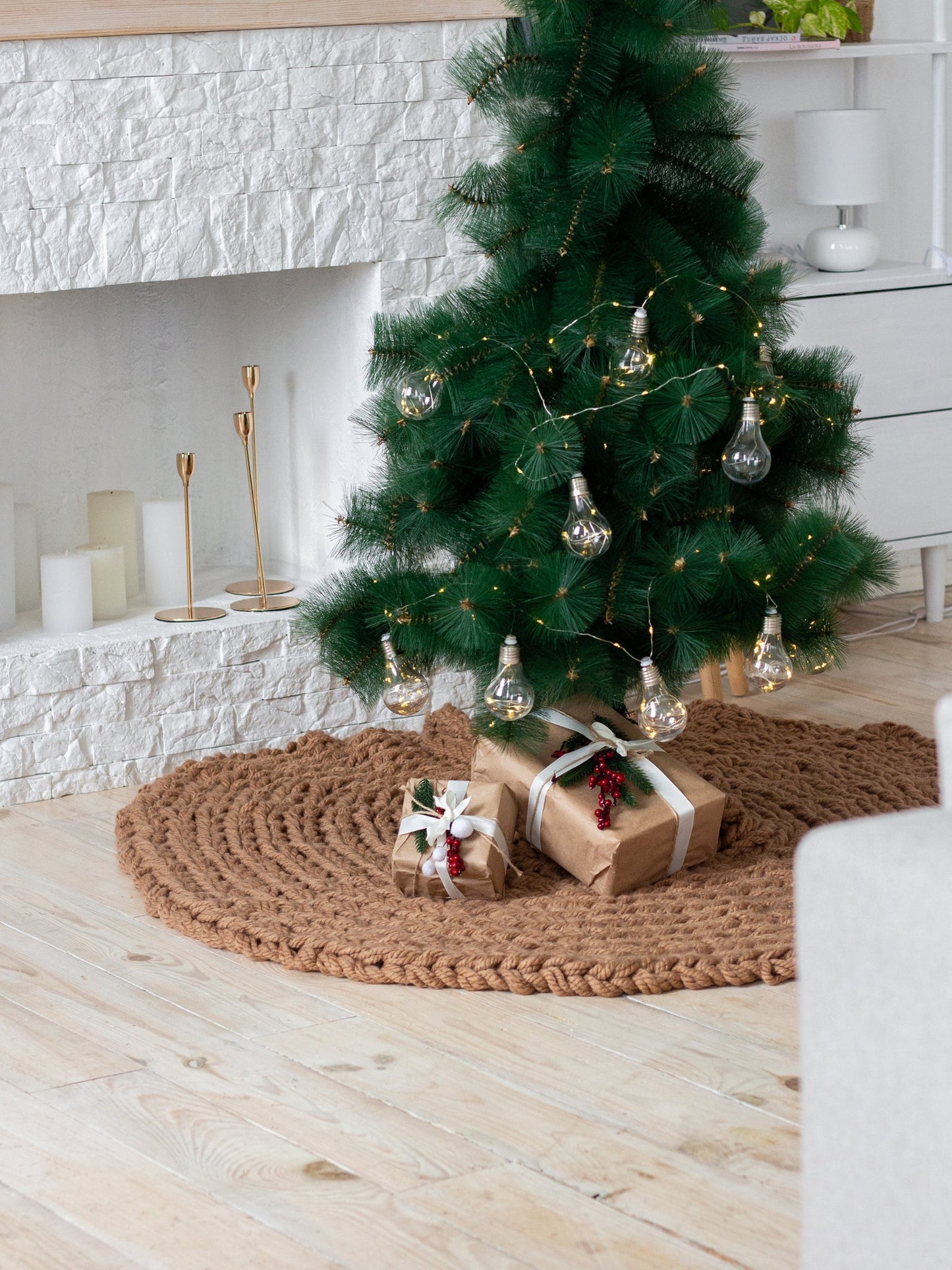 Beige Chunky-Knitted Christmas Tree Skirt | US Stock