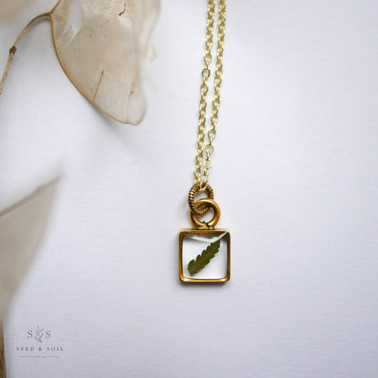 Gold Fern Necklace | Tiny Square Pendant