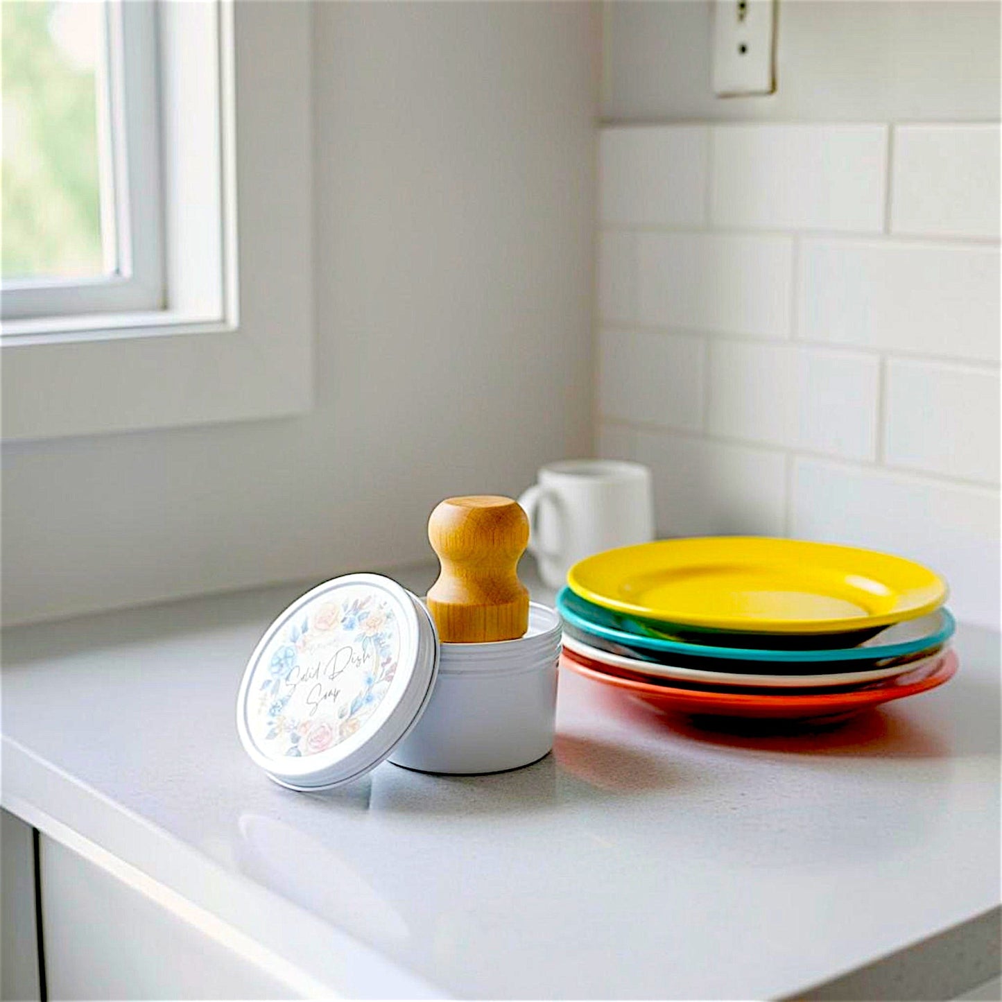 Solid Dish Soap Bar with Bamboo Brush – Zero Waste Kitchen Cleaning Block