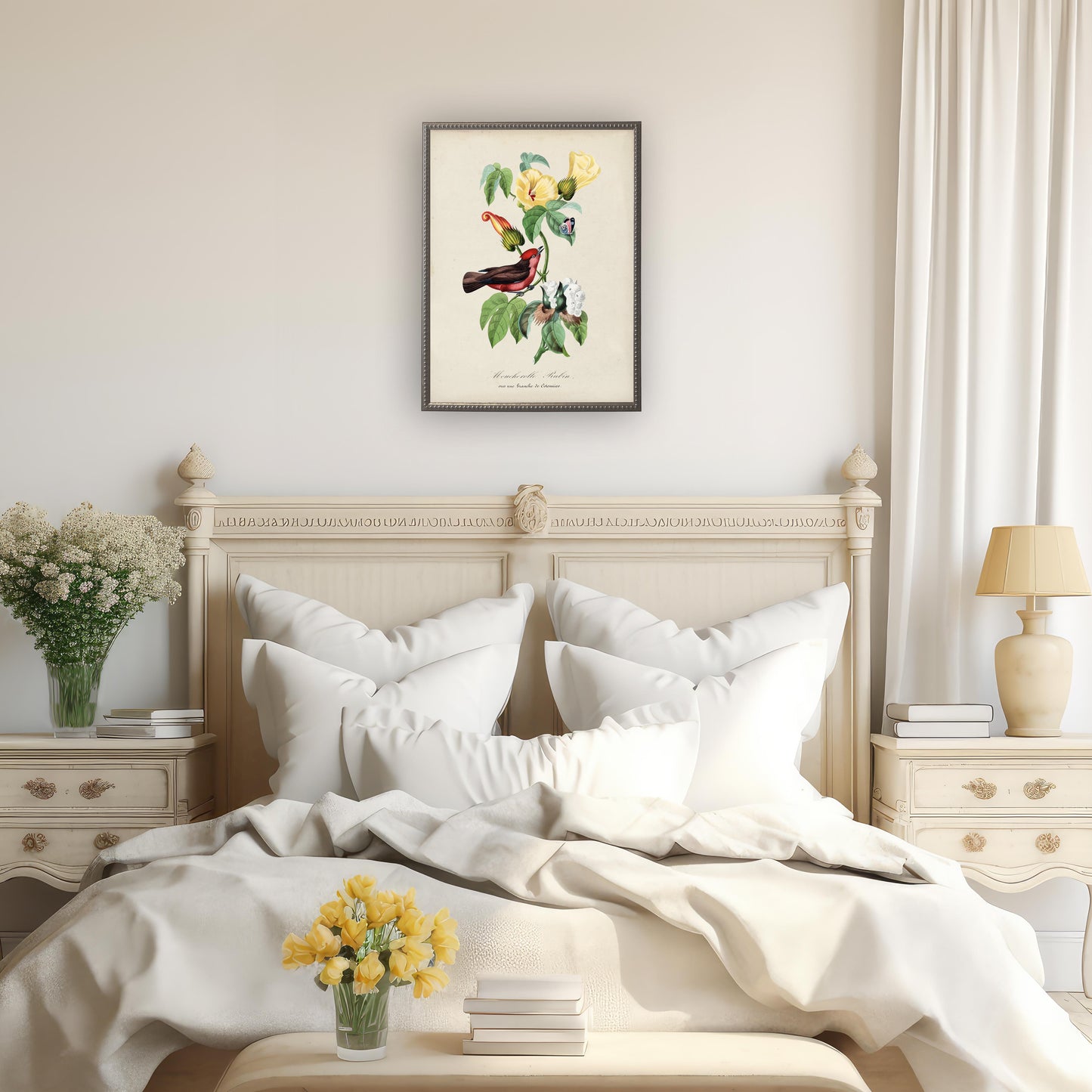 Vintage flycatcher and flower print on a distressed background in a beaded pewter frame sized 16x20