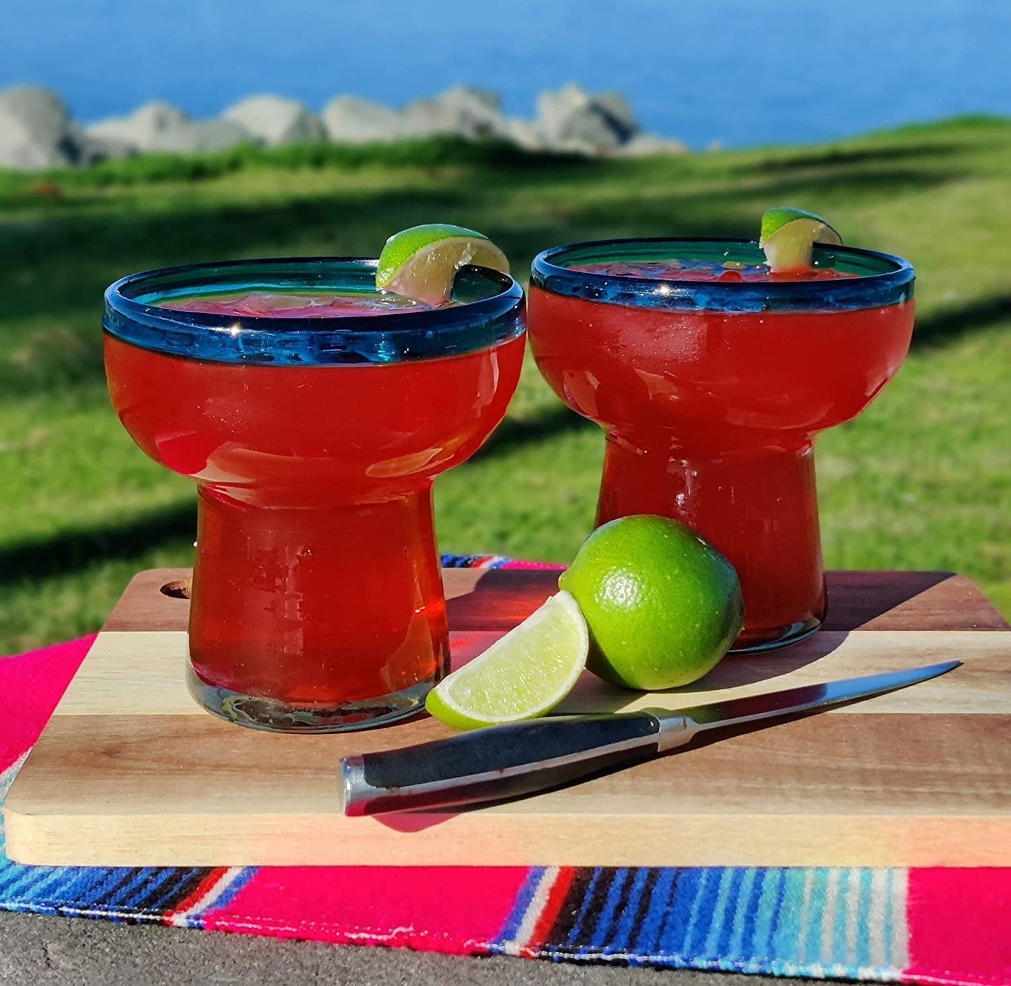 S/4 Stemless Aqua Rim Margarita Glasses