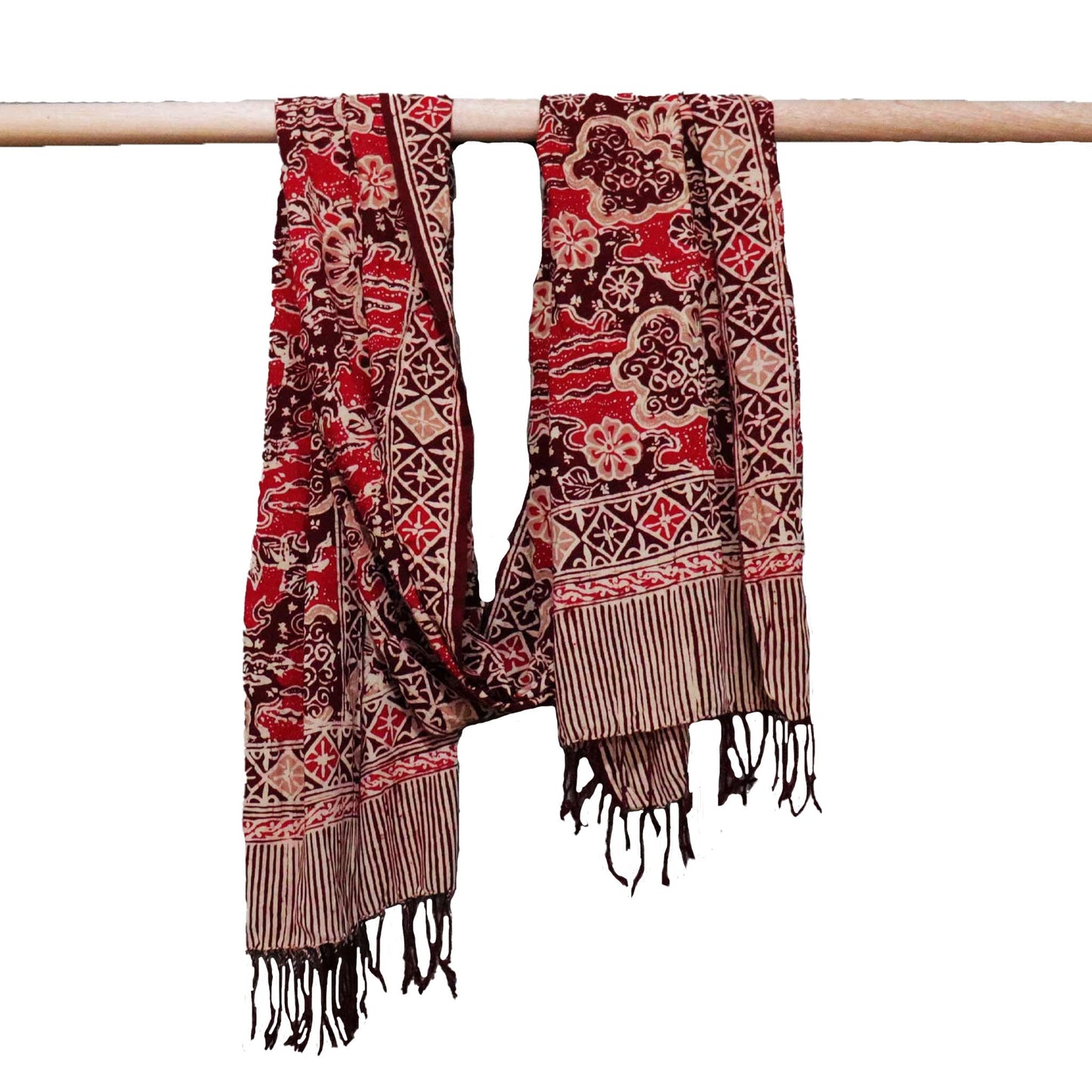 Handmade Batik Scarf, Soft Cotton, Sunlit Garden, Red Burgundy