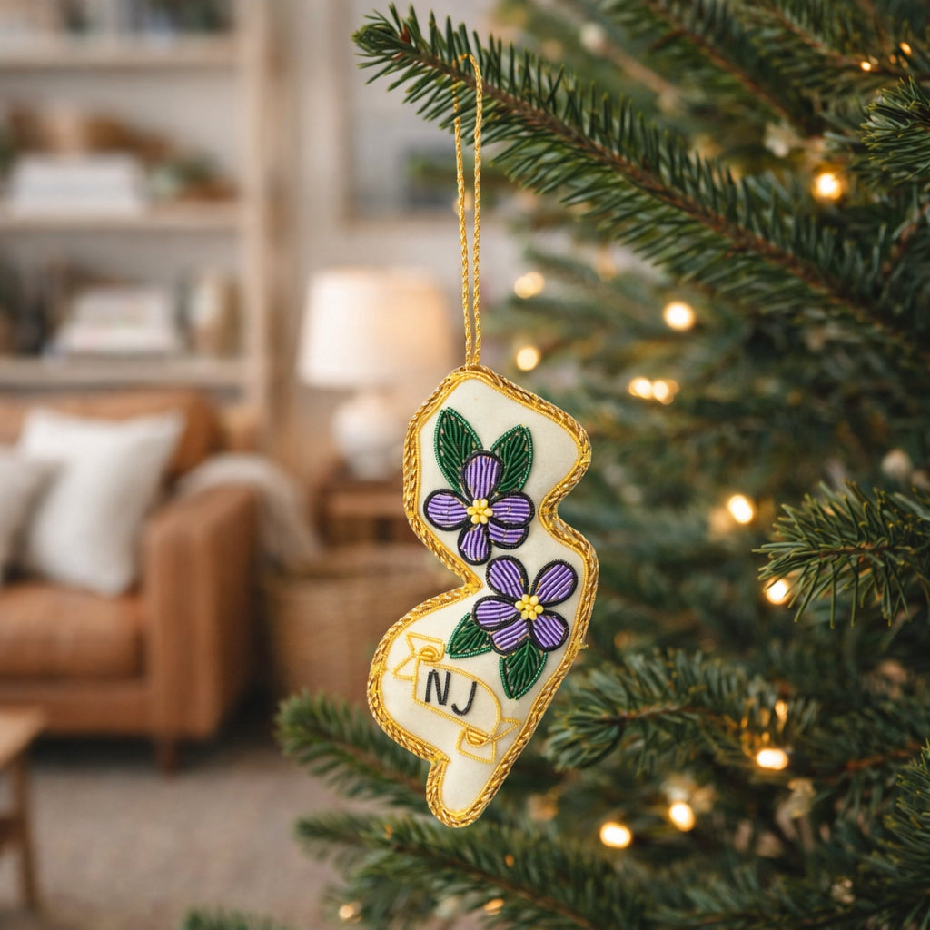 New Jersey State Violet Beaded Fabric Ornament - Embroidered