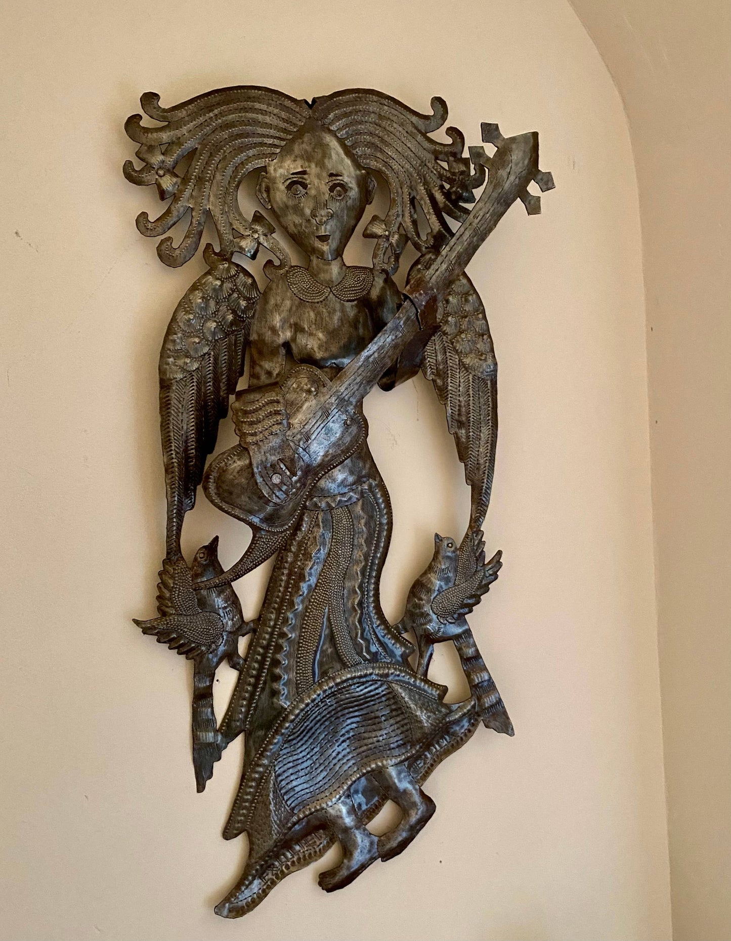 Angel with Guitar, Metal Wall Decor, Recycled, 15" x 28"