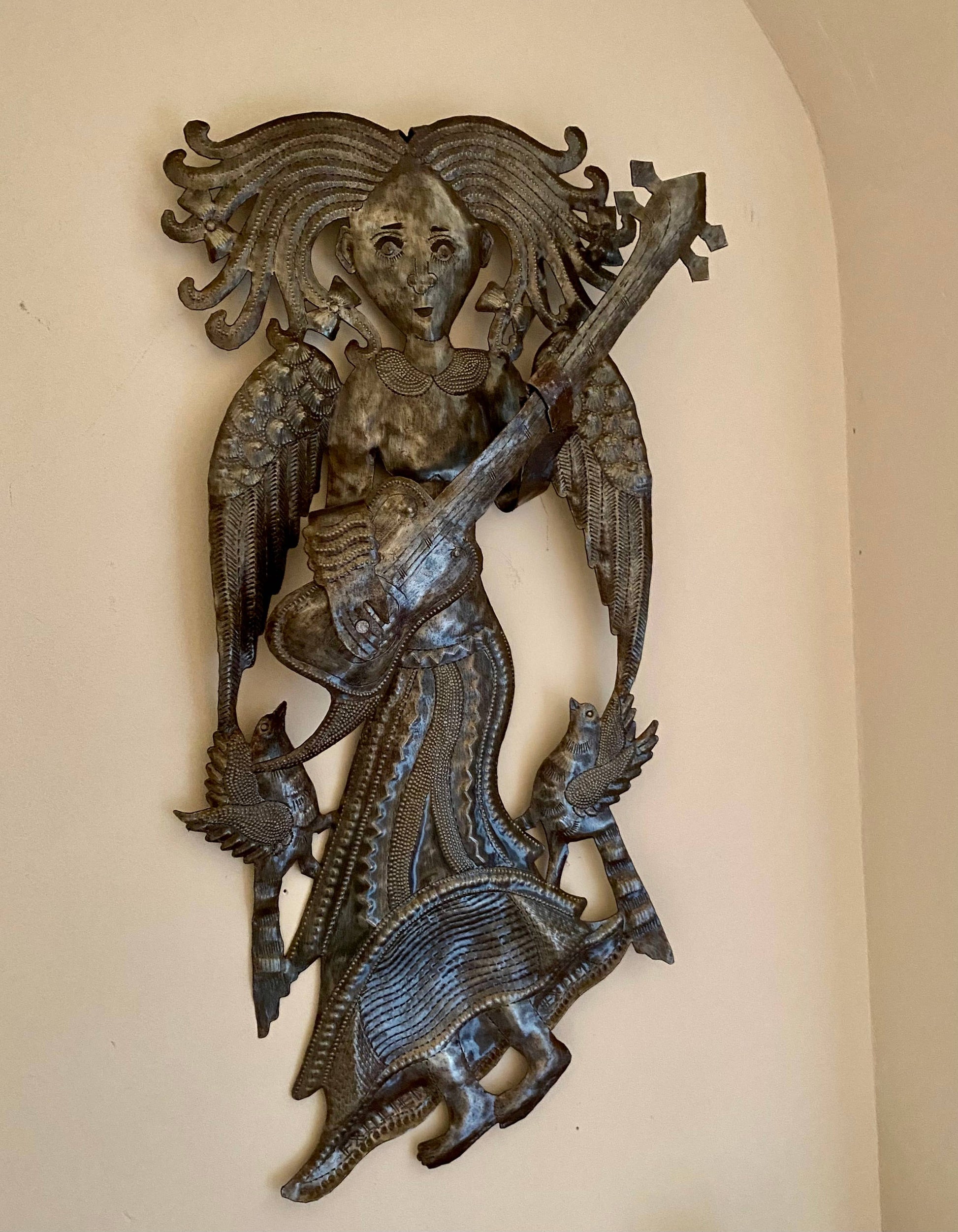 Angel with Guitar, Metal Wall Decor, Recycled, 15" x 28"