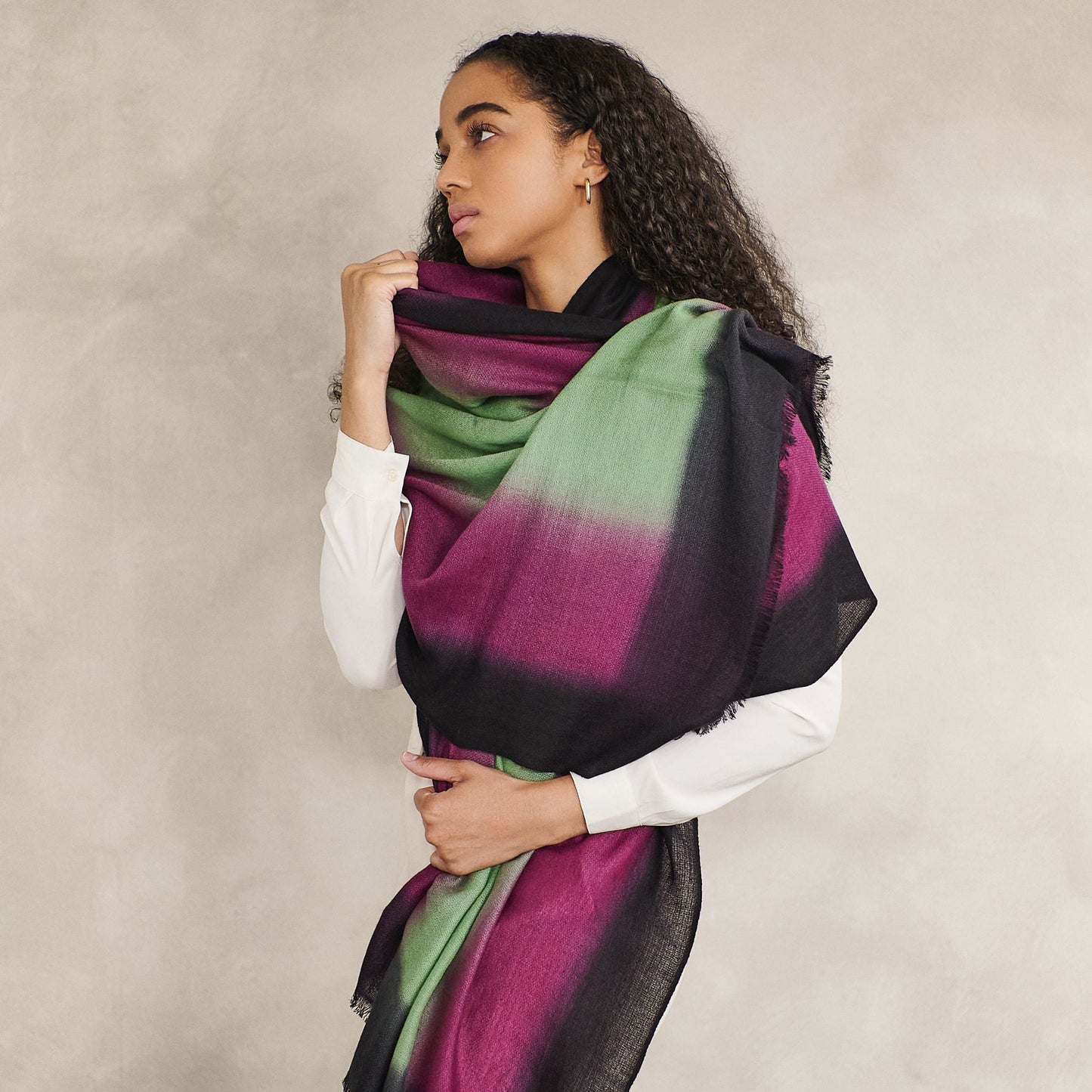 Iris Courtyard Green Purple Hand Woven Cashmere Merino Scarf