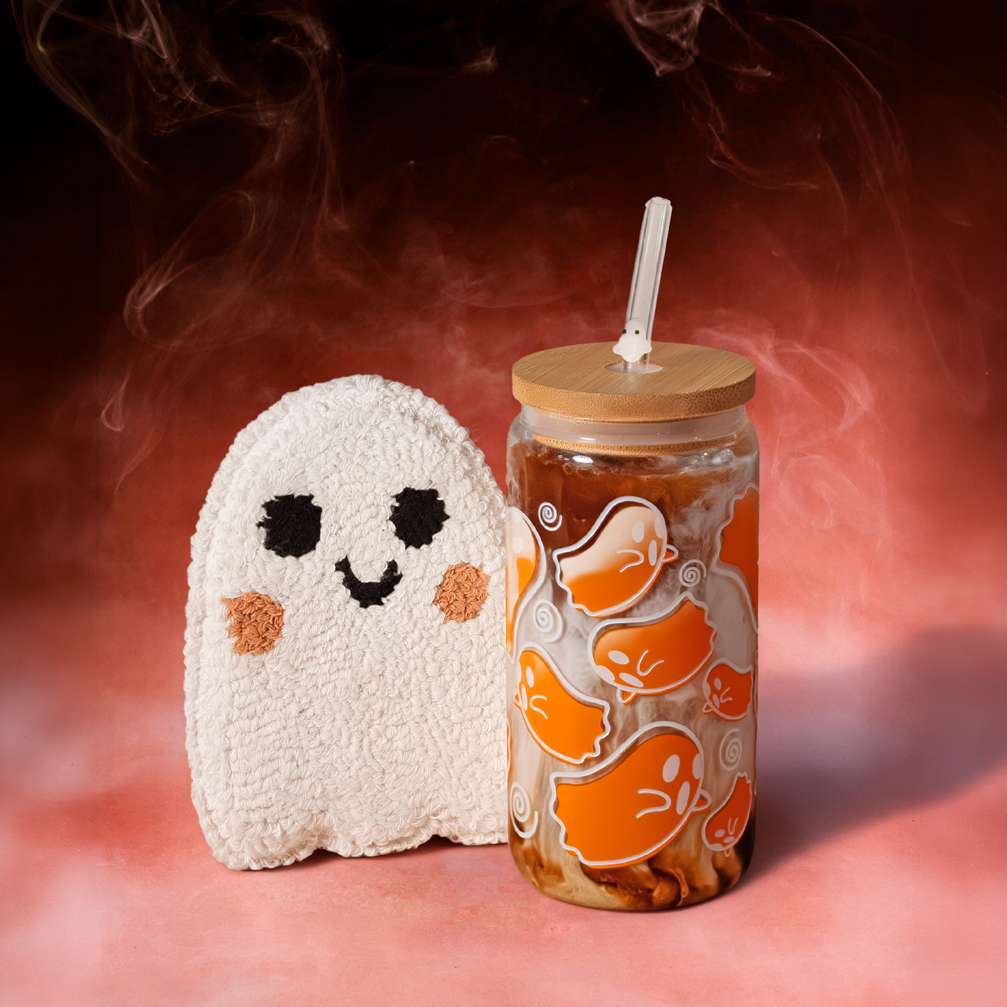 Color-Changing Ghostie 16oz Glass Cup, Mug Rug & Straw Bundle