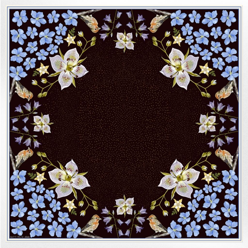 100% Silk Scarf: Black Gentian - Floral Bird Design