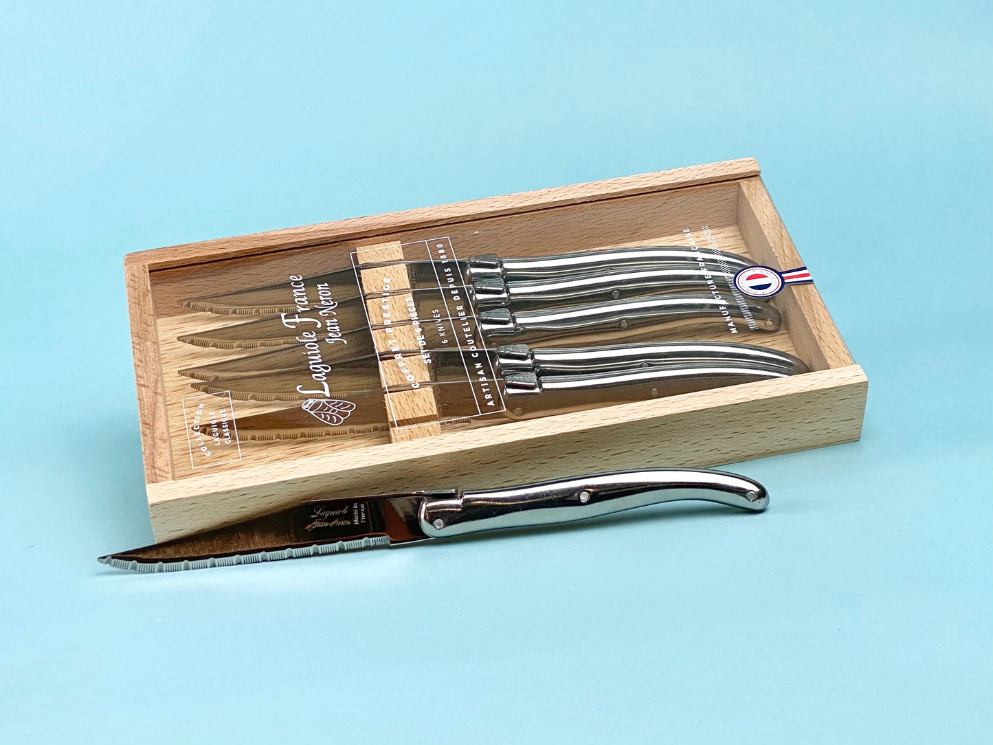 Laguiole 6 Piece Steak Knife Set, Stainless Steel in Wood Box with Acrylic Lid