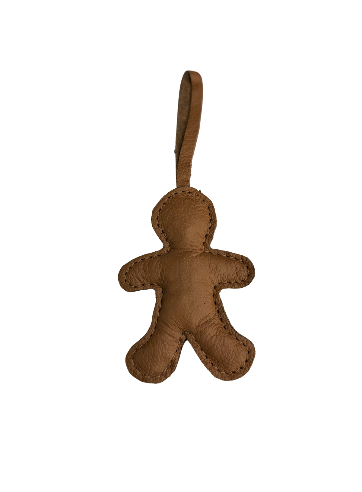 A small brown leather gingerbread man ornament with a stitched loop at the top, shown against a plain white background.