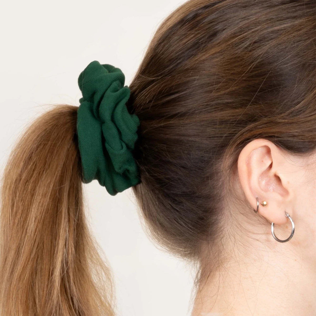 Green upcycled vegan scrunchie sustainable recycled hair tie