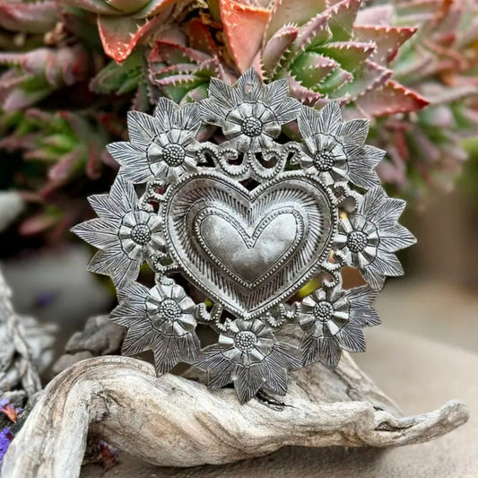 Haitian Metal Sacred Heart Wall Art with Flowers – Handmade