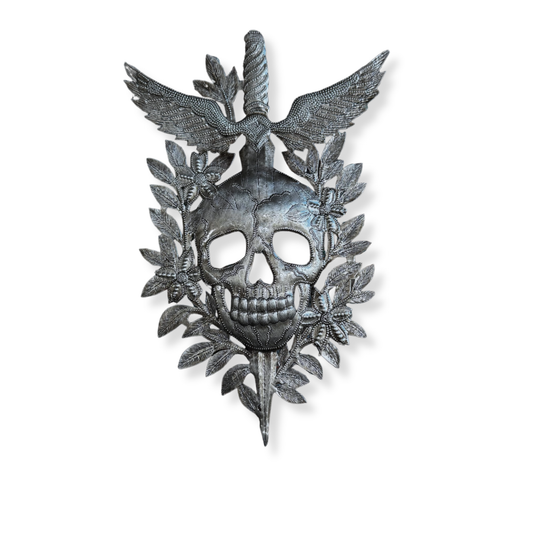 Haitian Metal Skull & Sword Wall Art 11" x 7" Handmade