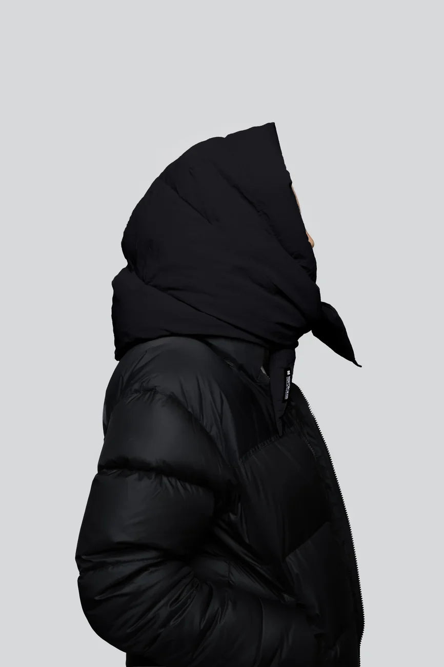 Black vegan winter puffer jacket with recycled materials and an oversized hood knot detail. - The New Orchard - Charcoal Black