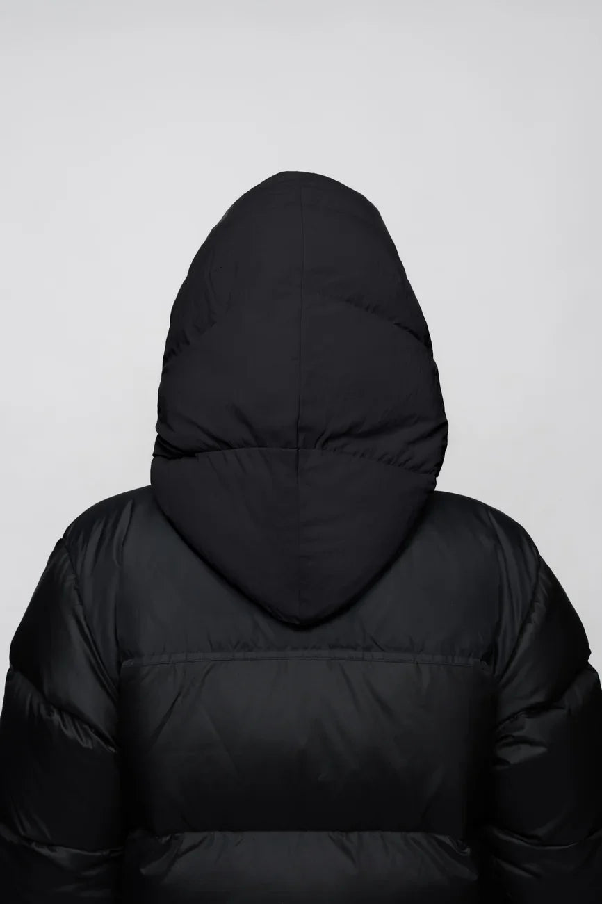 Black padded winter capuche with hood, made from vegan recycled materials, charcoal black variant. - The New Orchard - Charcoal Black