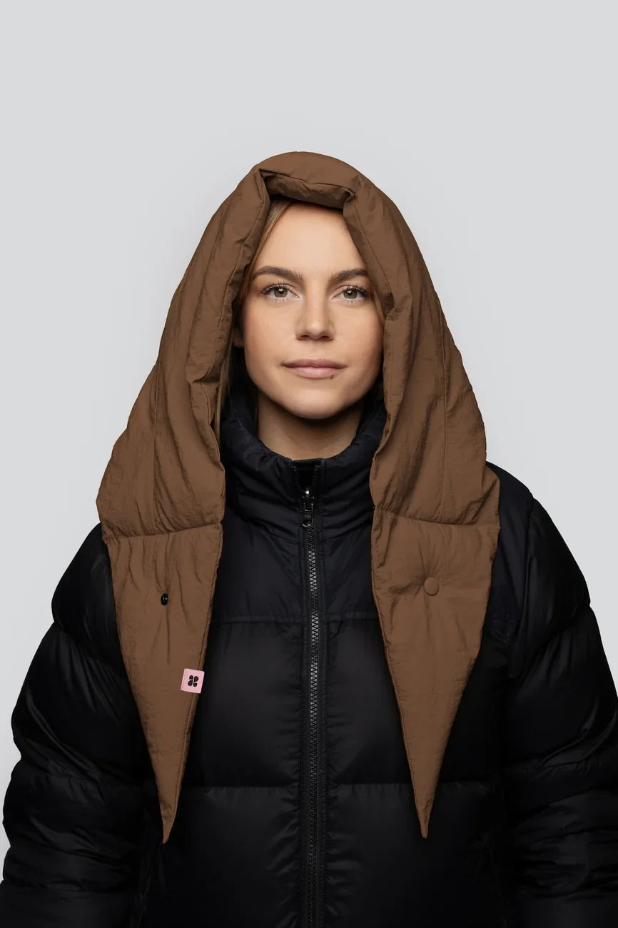 Warm brown vegan capuche hood made from recycled materials worn over black puffer jacket. - The New Orchard - Warm Brown
