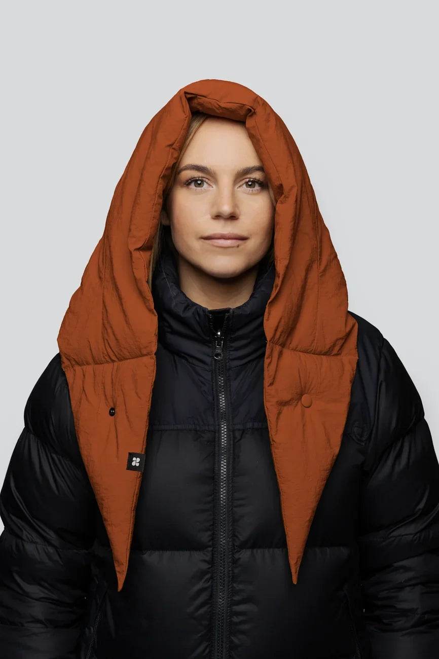 Rust-colored vegan winter hood with pointed ends, made from recycled materials. - The New Orchard - Fresh Cinnamon