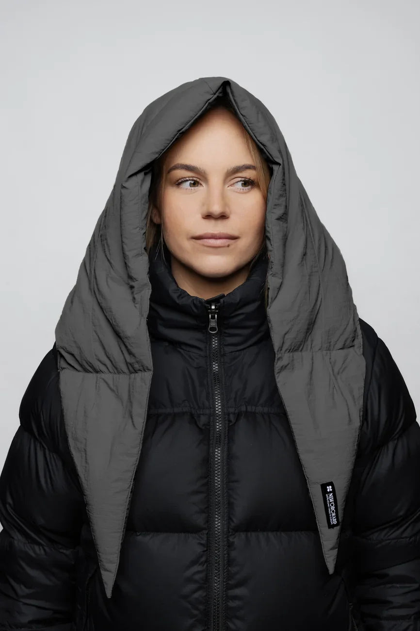Light grey vegan winter capuche made from recycled materials, worn over black puffer jacket. - The New Orchard - Light Grey