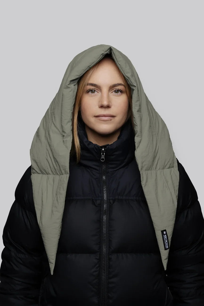 Natural khaki vegan hood made from recycled materials on black puffer jacket. - The New Orchard - Natural Khaki