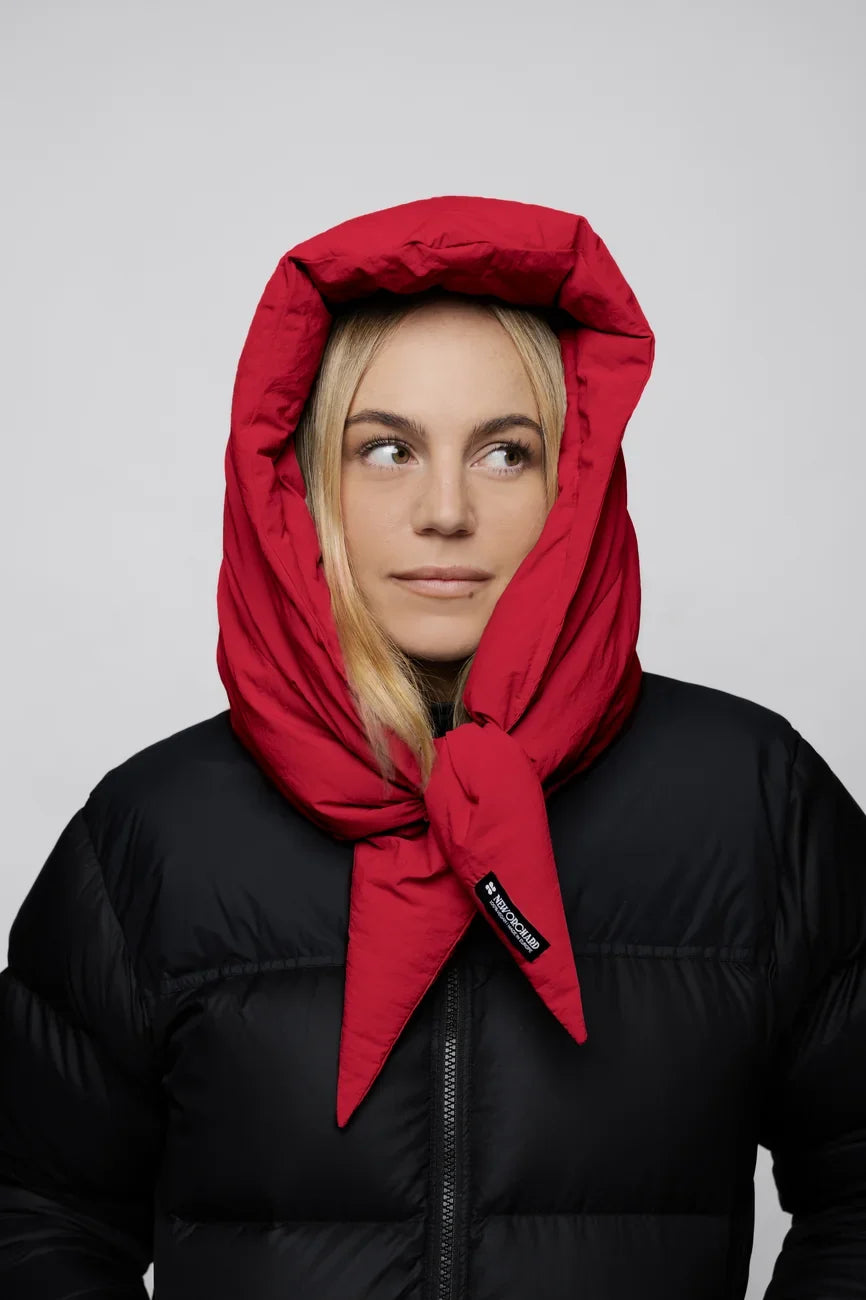 Vivid red vegan winter hood made from recycled materials, styled with black puffer jacket. - The New Orchard - Vivid Red
