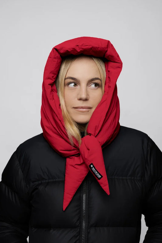 Vivid red vegan winter hood made from recycled materials, styled with black puffer jacket. - The New Orchard - Vivid Red
