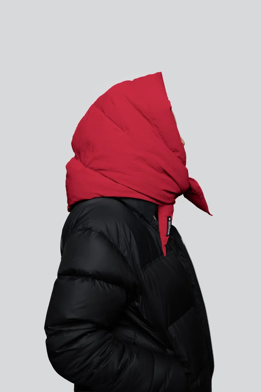 Vivid red vegan hood with recycled material paired with black puffer jacket. - The New Orchard - Vivid Red