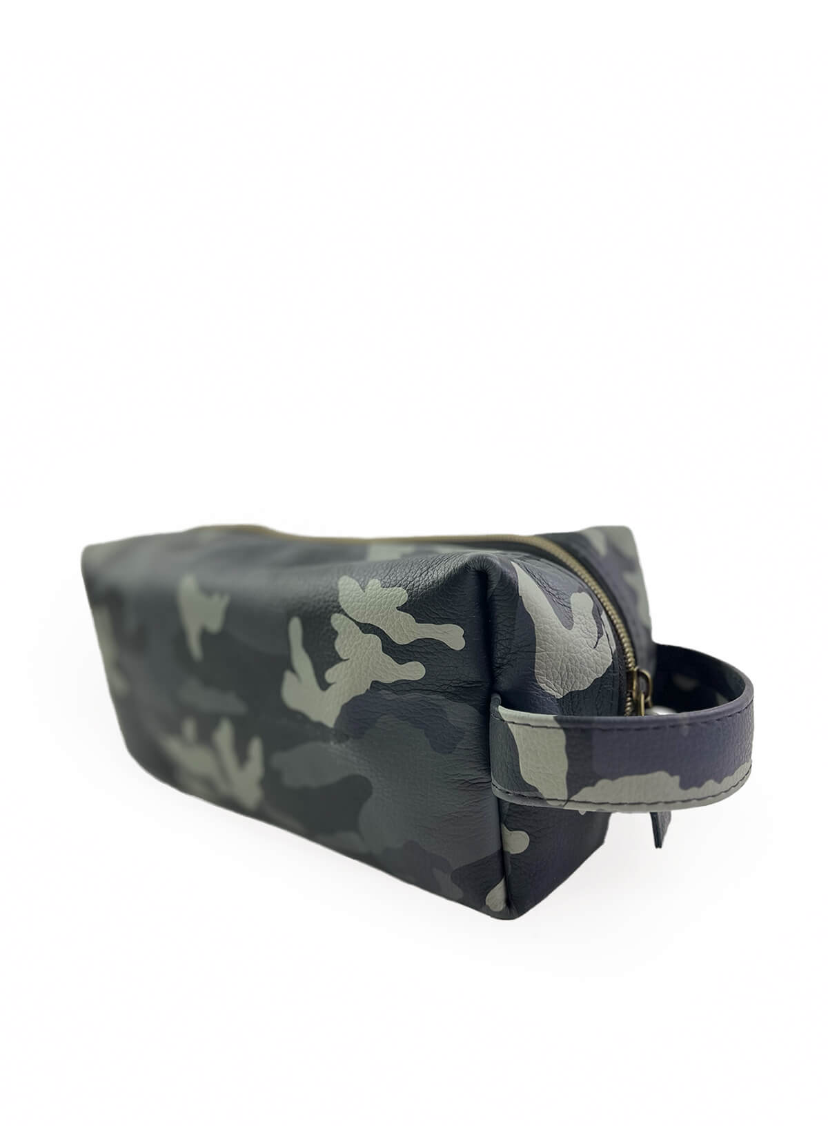 Camouflage-patterned toiletry bag on a white background