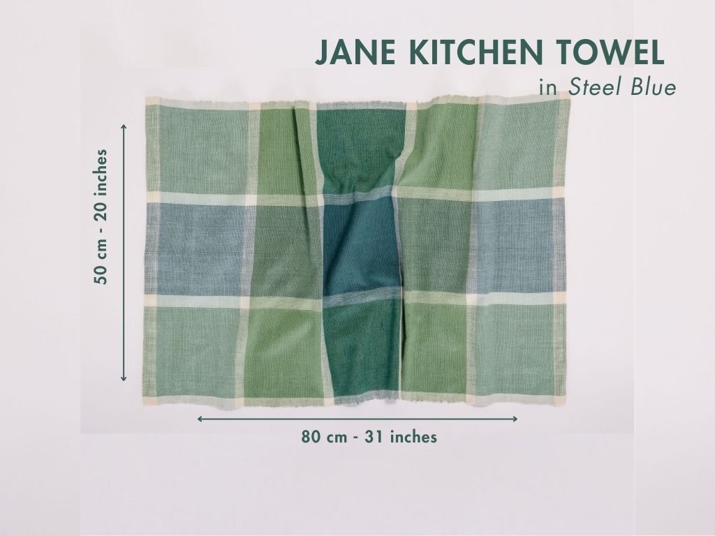 jane kitchen towel in steel blue with dimensions