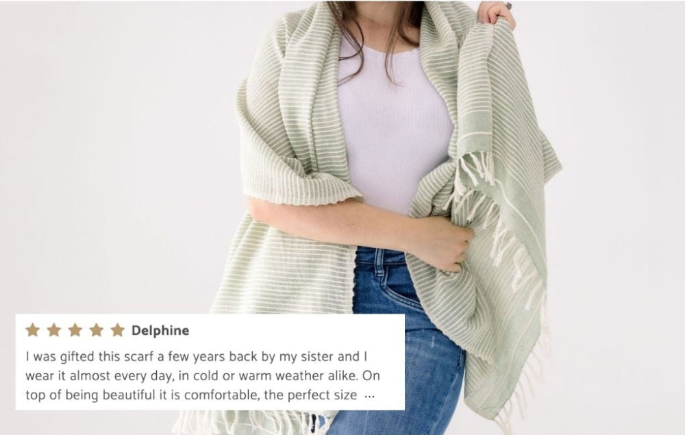 judith shawl in mint with customer five star review