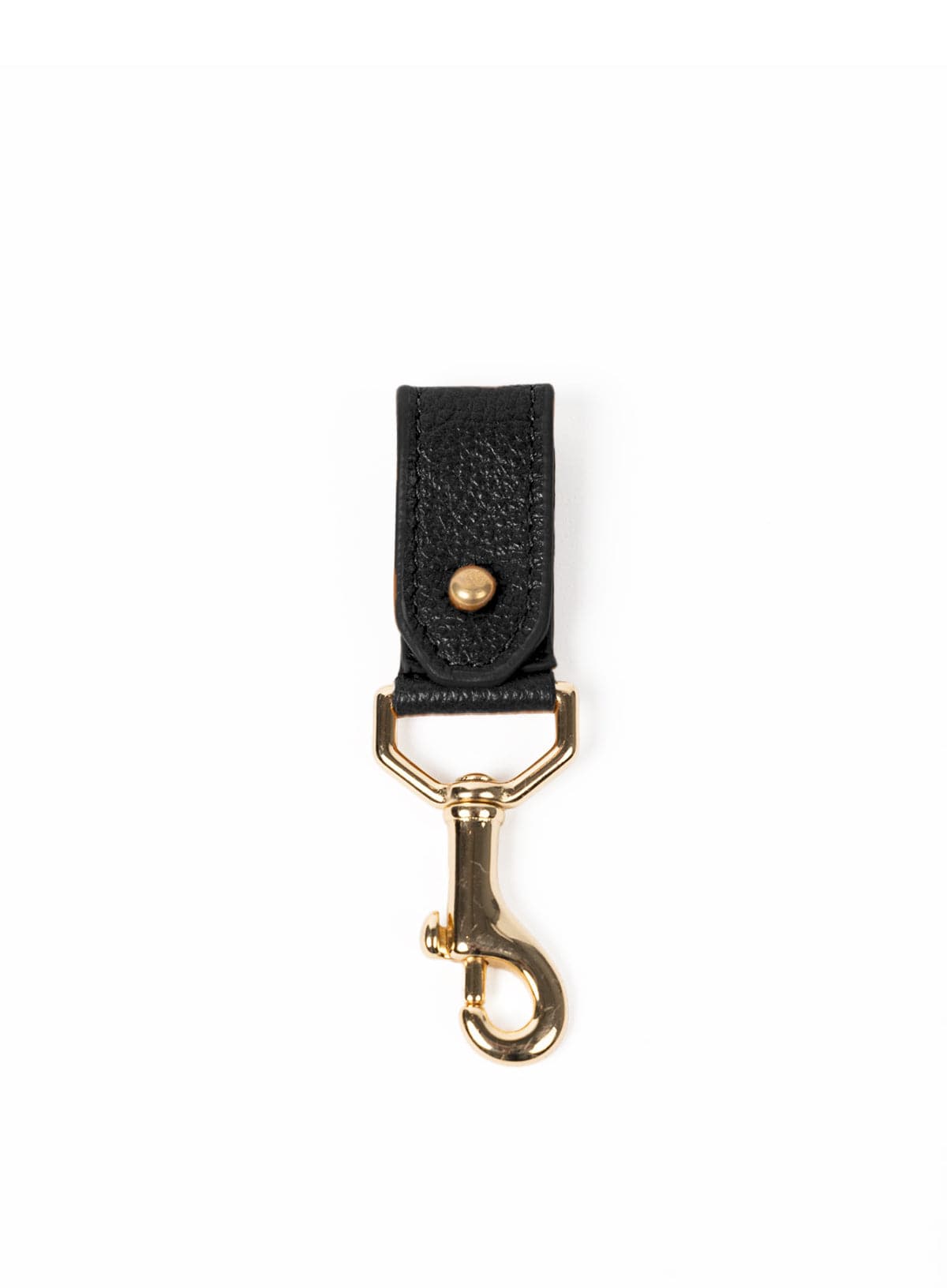 Black leather key chain with gold hardware on a white background