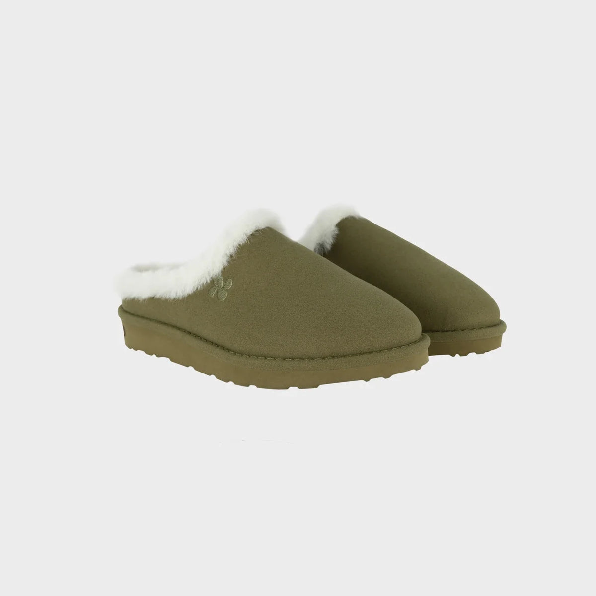 Khaki green faux suede slippers vegan eco friendly winter comfort