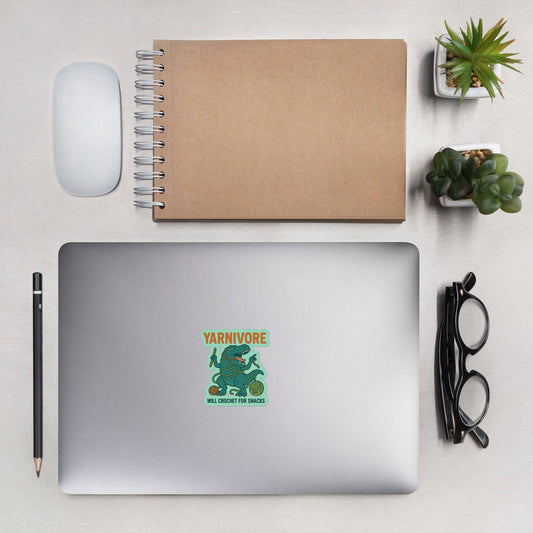 🦖 Yarnivore Sticker – Will Crochet for Snacks Bubble-free stickers