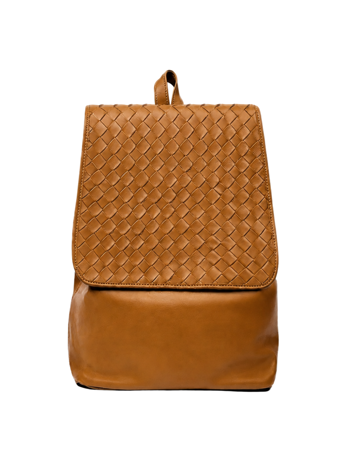 A tan leather backpack with a woven basketweave texture on the upper flap and a smooth leather lower body, shown against a plain white background.